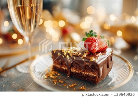 Delicious sponge cake slice topped with shiny chocolate glaze and fresh strawberries 129640926