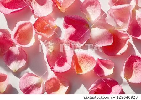 Fresh pink rose petals scattered on a light background for decorative purposes 129640928