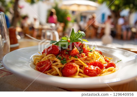 Delicious Italian pasta with fresh tomatoes and herbs served at an outdoor cafe 129640956