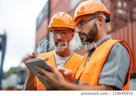 Logistics specialists analyze cargo data at a shipping yard during daytime operations 129640958