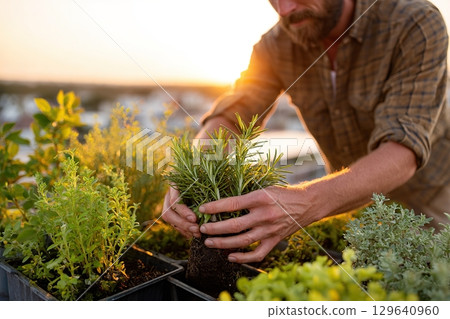 Gardener working on rooftop garden, carefully harvesting fresh herbs at sunset 129640960