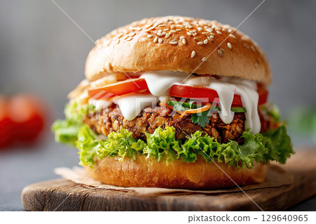 Delicious lentil burger with fresh lettuce and tomato served in sesame seed bun 129640965