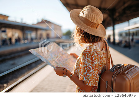 Traveling to new destinations while standing at a train station with a straw hat 129640979