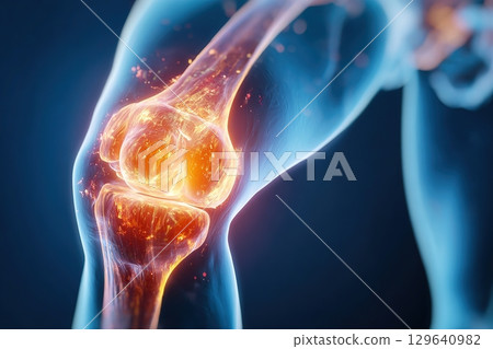 Detailed view of a human knee showing advanced joint degeneration and inflammation conditions Detailed view of a human knee showing advanced joint degeneration and inflammation conditions 129640982