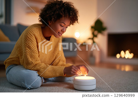 Woman lights smart candle through voice command in cozy living room Woman lights smart candle through voice command in cozy living room 129640999