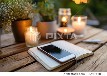 Detox environment featuring a turned-off phone, candles, and plants for relaxation and mindfulness 129641019