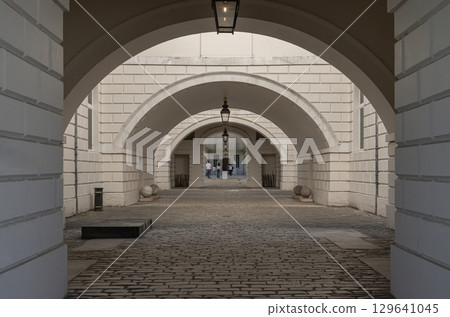 The view through the iconic arched passage with colonnade that connected the Queen's House to the National Maritime Museum in Greenwich. The view through the iconic arched passage with colonnade that connected the Queen's House to the National Maritime Museum in Greenwich. 129641045