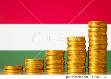 Flag of Hungary with coins stacks from lowest to highest on the foreground. Development of Hungary country concept, financial success, GDP positive level 129641070