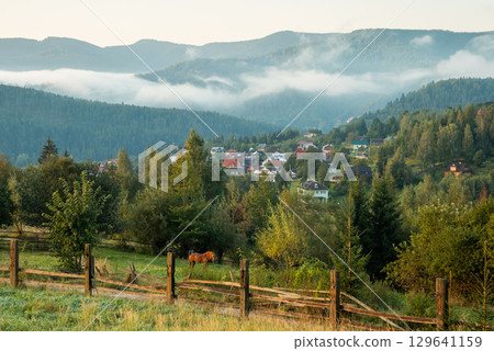 Small mountain town in the morning, lonely horse grazing on the meadow. Beautiful landscape of Ukrainian town in Carpathian Mountains, misty morning 129641159