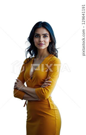 A Middle Eastern female leader in a bold gold dress, confidently standing with projections of stock charts and world economy 129641191