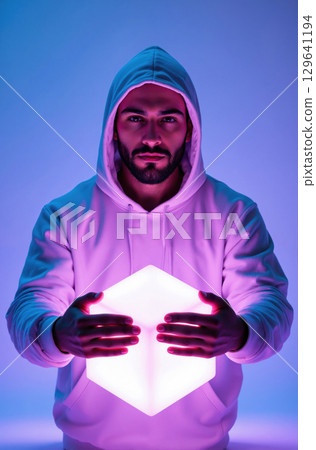 Quantum White Dev Cube Hover White male 29 hoodie levitates neon cube, isolated , photoreal violet-cyan, cool rim, shallow Quantum White Dev Cube Hover White male 29 hoodie levitates neon cube, isolated , photoreal violet-cyan, cool rim, shallow 129641194