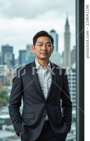 Asian Male Transcultural Leadership Asian man, 45s, bridge-building attire, uniting diverse worldviews, diplomatic expression, transparent background. 129641196