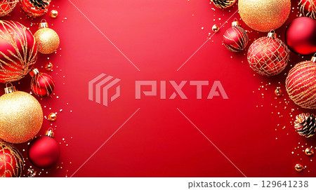 Red and gold Christmas ball frame background 129641238