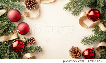 Christmas frame with fir branches and red ornaments 129641239