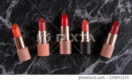 Collection of luxury lipsticks in various shades of red and coral arranged on black marble surface, featuring rose gold and matte packaging designs. Beauty cosmetics concept 129641254