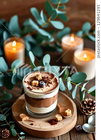 Layered chocolate dessert with sugar cubes and candles 129641295