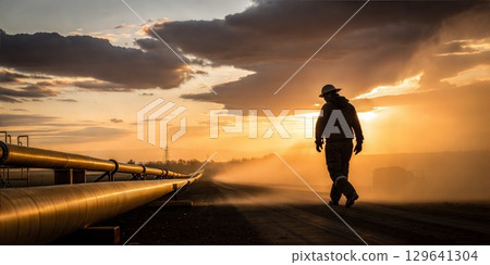 A silhouette of a worker at sunrise within a fascinating industrial landscape scene 129641304