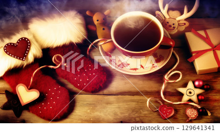 Cozy Christmas scene with coffee and winter mittens 129641341