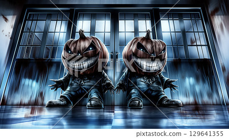 Grinning pumpkin-headed figures in blue-lit hallway 129641355