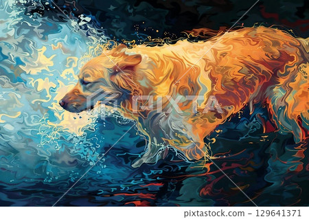 Realistic illustration of a dog standing in water Realistic illustration of a dog standing in water 129641371