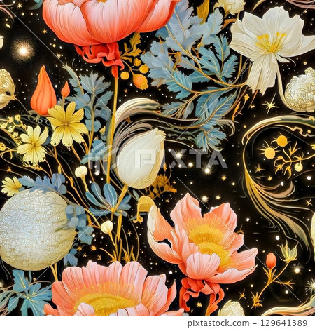 Celestial flowers and planets, dark background, cosmic illustration 129641389