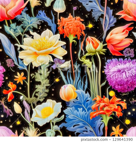 Celestial flowers and planets, dark background, cosmic illustration 129641390