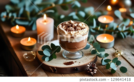 Chocolate dessert in a glass surrounded by candles 129641418
