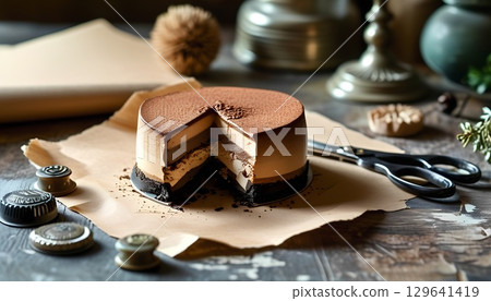 Chocolate mousse cake on parchment with vintage decor 129641419