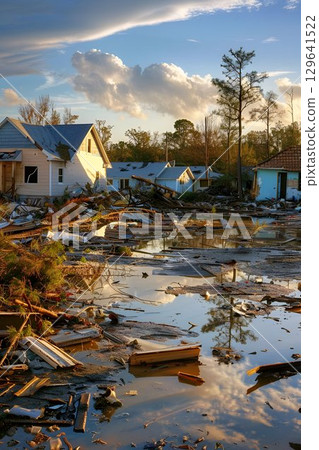 Morning sun over a flooded village after a natural disaster, illustrating the devastating consequences. Concept: Aftermath of natural disasters. For climate reports and studies 129641522