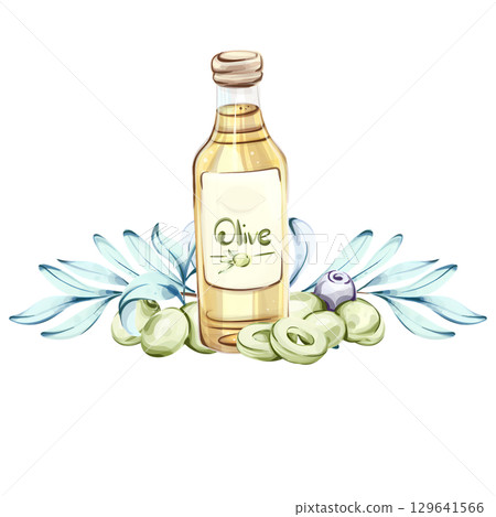 Exploring the Essence of Olive Oil and Olives in a Vibrant Watercolor Illustration frame, border, arrangement 129641566