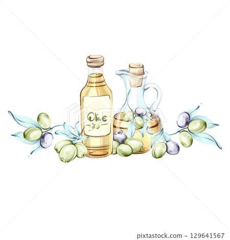 Beautiful watercolor illustration featuring olives and olive oil inspired by Italian cuisine frame, border, arrangement Beautiful watercolor illustration featuring olives and olive oil inspired by Italian cuisine frame, border, arrangement 129641567