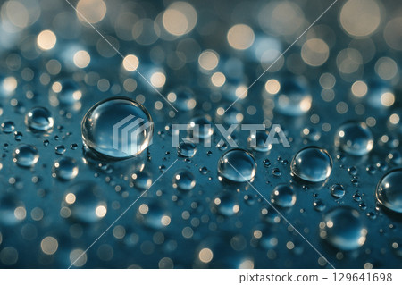 Close up of water droplets on a blue metallic surface. 129641698