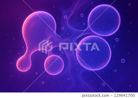 Abstract macro shot of purple and pink oil droplets suspended in liquid with soft bokeh background Abstract macro shot of purple and pink oil droplets suspended in liquid with soft bokeh background 129641700