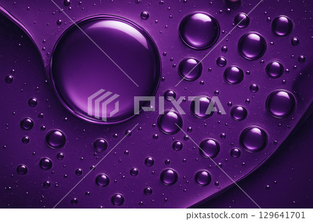 Abstract purple oil droplets of varying sizes creating depth and texture in macro view Abstract purple oil droplets of varying sizes creating depth and texture in macro view 129641701