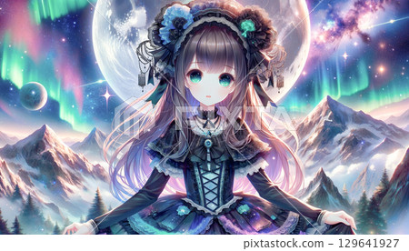 身穿哥德洛麗塔風格黑色洋裝的女孩。滿月、極光和白雪皚皚的冬山。 身穿哥德洛麗塔風格黑色洋裝的女孩。滿月、極光和白雪皚皚的冬山。 129641927