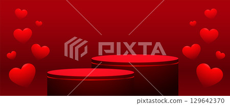 podium platform for product display red banner with lovely hearts 129642370