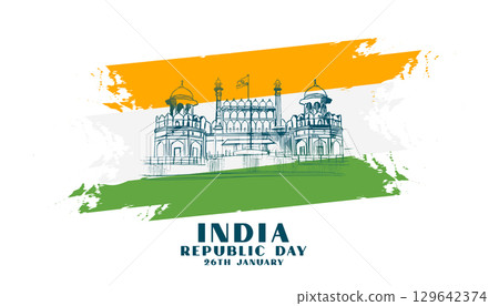 indian republic day banner with abstract tricolor and red fort design 129642374