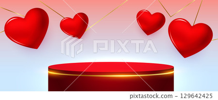 3d podium platform with realistic heart for valentines day celebration 129642425