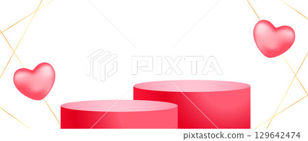 lovely 3d podium banner with flying hearts for valentines couples 129642474
