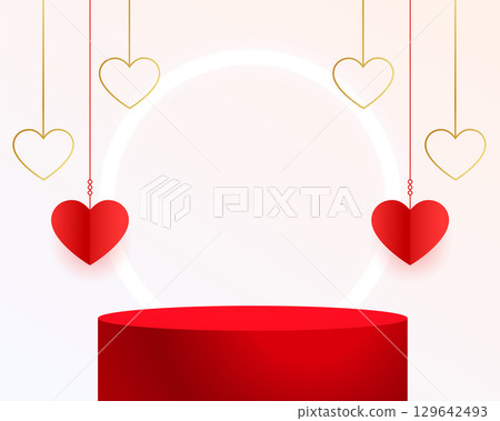 3d podium platform valentine's day greeting with hanging hearts 129642493