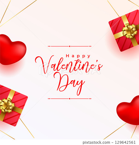 valentines day greeting card with realistic hearts and giftbox 129642561