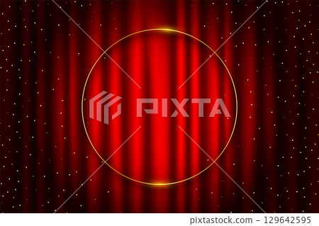 red stage curtain for theater with shiny particle and frame design 129642595