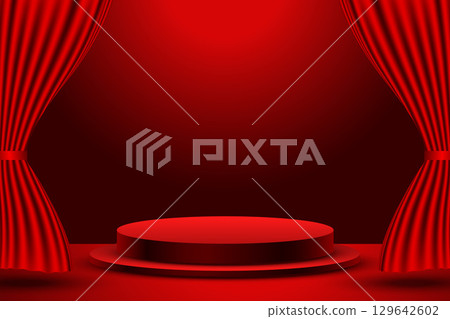 3d podium platform for product display with red cinema curtain 3d podium platform for product display with red cinema curtain 129642602