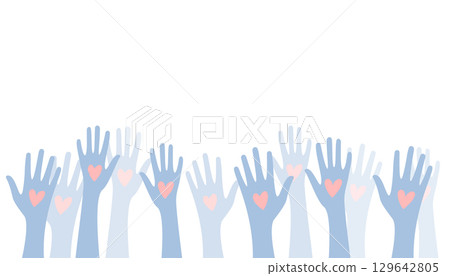 volunteers team raised up hands with love heart design 129642805