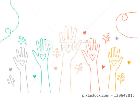 line style colorful volunteers group hands up with love heart line style colorful volunteers group hands up with love heart 129642813