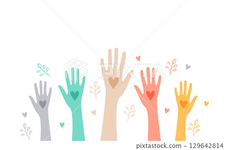 flat style colorful volunteers team hand up with love heart 129642814