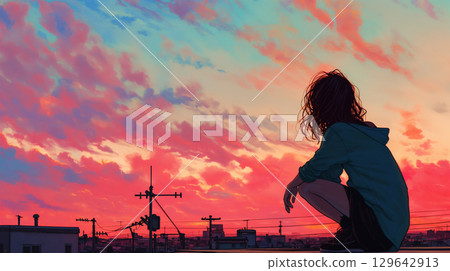 女孩看日落 129642913
