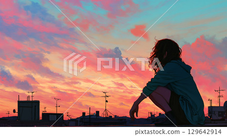 女孩看日落 129642914