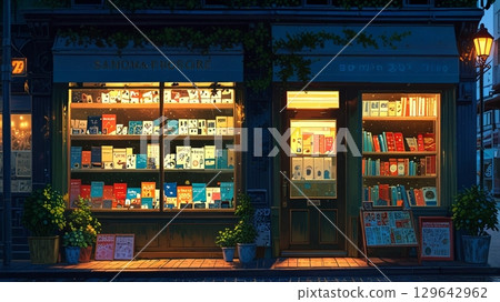 Illustration of a bookstore at night 129642962