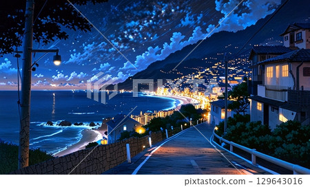 夜晚的海濱城市景觀 129643016